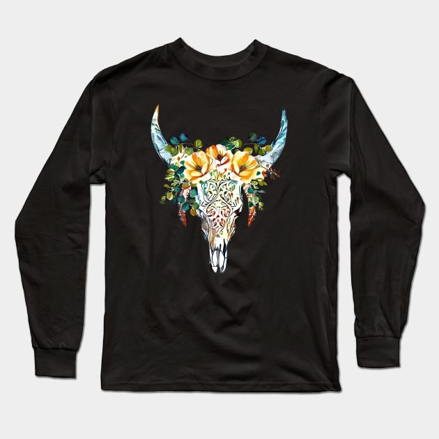Cow Skull and Crown eucaliptus leaves and little flowers, boho, bull skull Long Sleeve T-Shirt by Collagedream